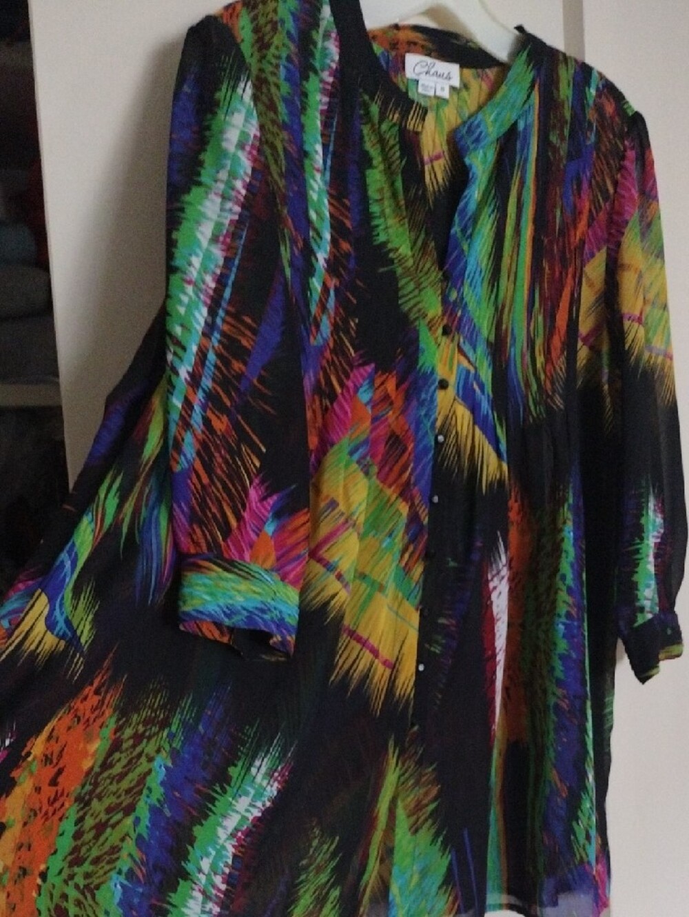 Sheer Multicolor Abstract Button-Front Blouse - Picture 3 of 3